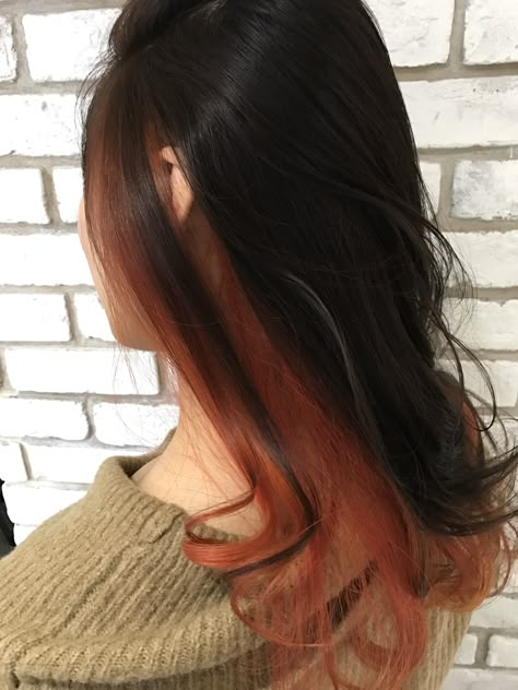 Dark Hair With Copper Underneath, Peekaboo Hair Color Orange, Copper Underneath Hair, Black Hair Fade, Dark Brown Hair Dye, Peekaboo Hair Colors, Character Customization, Hair Color Orange, Haircuts Ideas