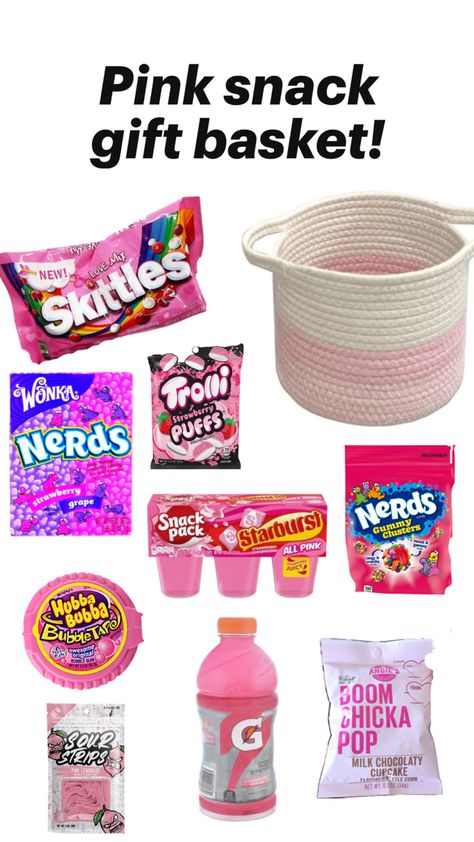 If you know someone who loves pink and snacks, then they’ll love this!! Pink Basket For Color Party, Pink And Black Gift Basket Ideas, Color Snack Basket, Pink Themed Basket, Pink Theme Basket, Pink Gift Box Ideas Birthday, Pink Snacks For Color Party, Pink Snack Basket, Pink Gift Basket Ideas