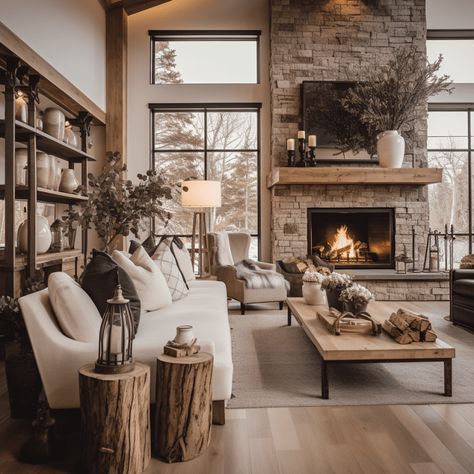 Modern Cabin Great Room, Lodge Home Interior, Mountain Inspired Decor, Modern Farmhouse Lounge Room, Mountain Home Fireplace, Cozy Mountain Home Interiors, Ski House Living Room, Modern Lodge Living Room, Modern Ranch Interior