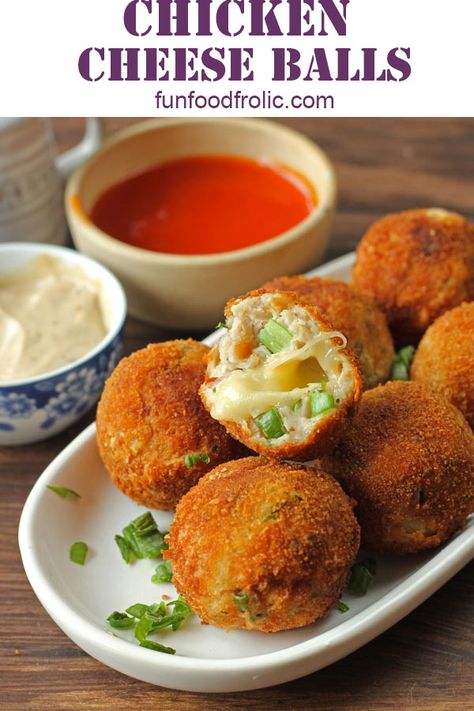 Best ever chicken cheese balls. try this recipe once and you will never ever go back to those frozen cheese ball packets via funfoodfrolic.com #cheese #chickenrecipes #chicken #snacks #partyfood #partyplanning #appetizer #meatballs Chicken Cheese Ball, Chicken Cheese Balls, Fried Cheese, Chicken Balls, Chicken Snacks, Small Appetizers, Iftar Recipes, Meatball Recipe, Cheese Chicken