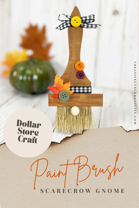 Paint Brush Scarecrow Gnome - Creative Cynchronicity How To Paint A Scarecrow, Paintbrush Gnomes Diy, Paint Brush Gnomes, Paint Brush Crafts Ideas Projects, Paintbrush Gnomes, Paintbrush Crafts, Scarecrow Gnome, Noodle Horse, Scarecrow Painting