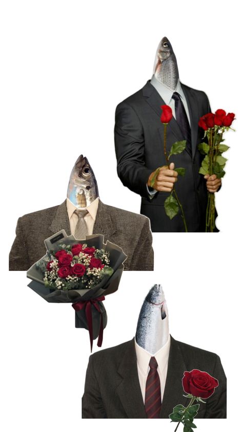 Fish in suits with roses fish Fish In A Suit, Fish Pictures Photography, Fish Head Drawing, Jazz Meme, Fish Kissing, Fish Person, Fish Oc, Pike Art, Roblox Pressure