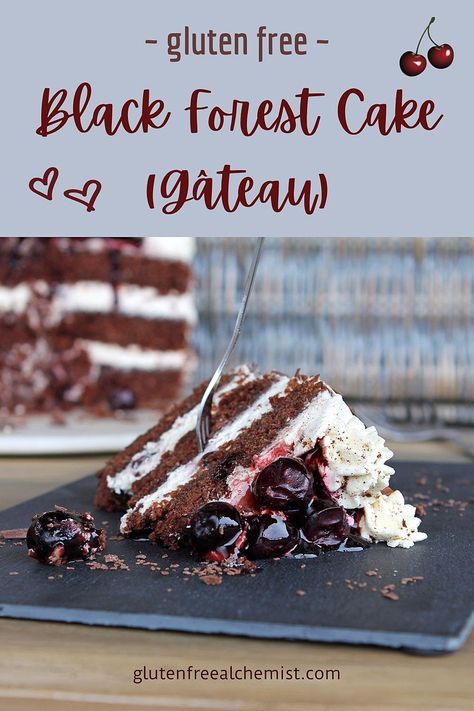 Gluten Free Black Forest Cake, Gluten Free Birthday Cake, Black Forest Cake Recipe, Gluten Free Dessert, Chocolate Cherry Cake, Gf Baking, Dessert Chocolate, Black Forest Cake, Forest Cake