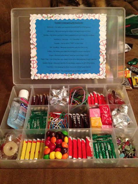 Trainer's Emergency Kit - everything a facilitator needs to get through the day, good or bad Employee Emergency Kit, Emergency Candy Kit, Emergency Snack Kit, Emergency Snack Kit Gift, Emergency Candy Kit Gift Ideas, Candy Emergency Kit, Markdag Idees, Tackle Box Gift, Teacher Emergency Kit