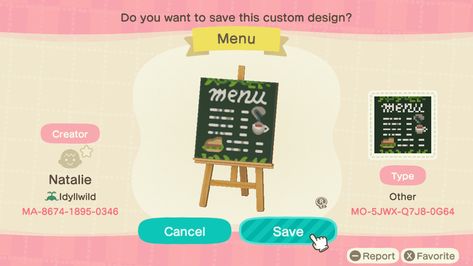 Not my design just sharing the code☺️ Acnh Menu Design Code, Acnh Cafe Codes, Acnh Tricks, Acnh Cafe, Animal Crossing Cafe, Bakery Sign, Acnh Codes, Cafe Menu, Bistro Table