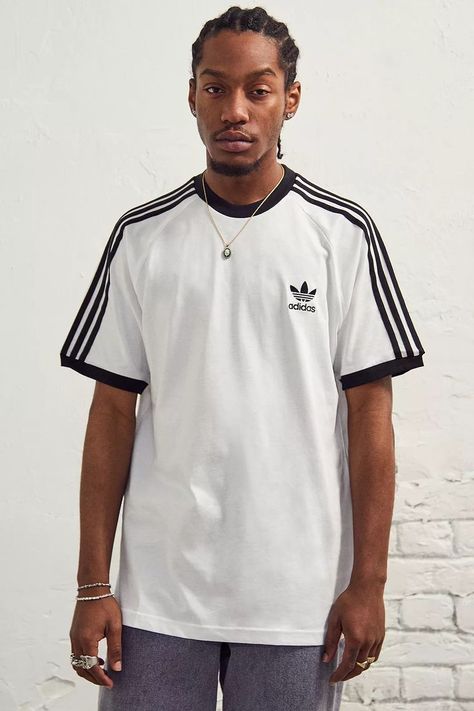 Adidas Basic T-shirt With Three Stripes, Adidas White T-shirt For Streetwear, Adidas Crew Neck T-shirt With Side Stripes, White Adidas T-shirt For Streetwear, Adidas Three Stripes Streetwear T-shirt, Stripes Branding, Adidas Retro, Adidas Tee, Adidas White