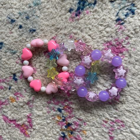 Approx 7” Elasticized Beaded Bracelets With Hearts And Stars. Set Of Three, Brand New Cute Pink Bracelets, Y2k Beaded Bracelets, Cutecore Accessories, Kandi Collection, Scene Bracelets, Kandi Inspo, Geometric Bangle, Blue Crystal Bracelet, Beaded Braclets