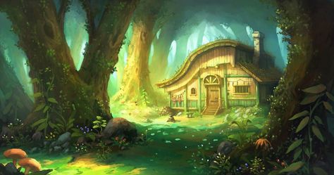 Fantasy House Artistic Forest Cottage Tree Flower Wallpaper Fantasy Cabin, Hunters Cabin, Forest Cottage, Wallpaper Cartoon, Bg Design, Forest Cabin, Forest Background, Fantasy Forest, Fantasy House