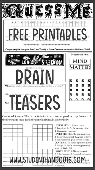 Free Printable Brain Teasers and Puzzles with Answers | Student Handouts Brain Teasers For Adults With Answers, Printable Puzzles For Adults, Rebus Puzzles With Answers Free Printable, Brain Teasers And Answers, Picture Puzzles Brain Teasers, Escape Challenge, Word Puzzles Brain Teasers, Mind Games Puzzles, Logic Puzzles Brain Teasers