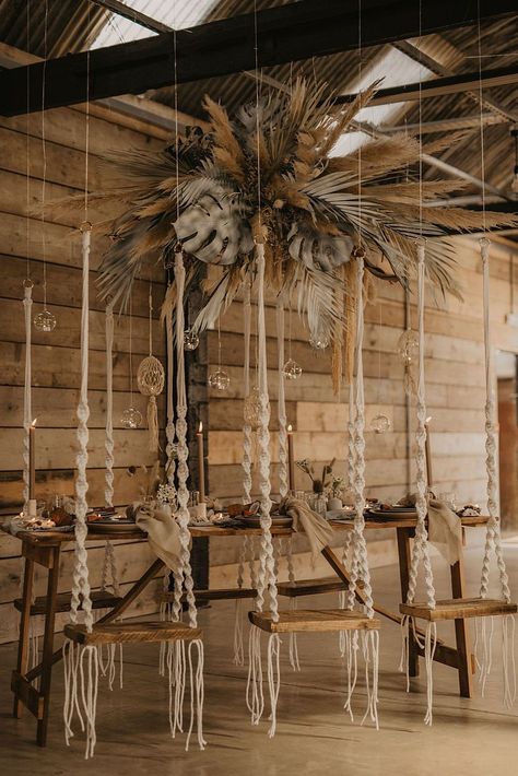 Hanging swing seating, rope detail and boho textures. Set up at cool Hereford wedding venue, The Shack Revolution. Image by Pierra G Photography. #bohobride #bohoweddings #thewildbride #urbanweddingvenue #bohoweddinginspiration Macrame Wedding Decor, Industrial Wedding Inspiration, Industrial Wedding Decor, Cheap Boho, Reception Signage, Berta Wedding Dress, Macrame Swing, Macrame Wedding, Warehouse Wedding