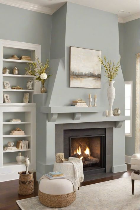 Silver Strand Fireplace Room Paint, Westpear Interiors, interior design, home decor Tv Wall Paint, Ideas For Fireplace, Paint 2024, Best Wall Paint, Wall Paint Color, Light Oak Floors, Fireplace Room, Light Colored Furniture, Fireplace Tv Wall