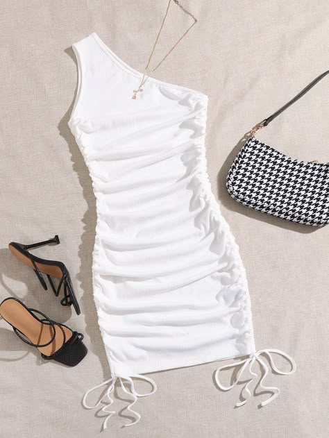 One Shoulder Ruched Dress, White Slim Dress, White Shein Dress, Short Cute Dresses Casual, Slim Fit Dresses Women, White Dress Bodycon, White Dress Short, One Shoulder Bodycon Dress, Short Sleeveless Dress