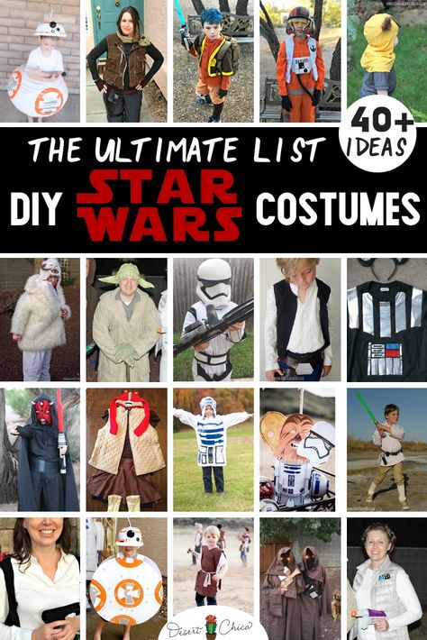 The best DIY Star Wars costumes for women, for kids and for men including how to make easy homemade Han Solo, R2-D2, Chewbacca, Jedi, Ewok, Leia, BB-8, Darth Vader, Yoda, and Luke Skywalker. These simple ideas are great for boys, girls, toddlers, family themes and couples costumes for Halloween or cosplay. Simple Star Wars Costume, Diy Yoda Costume Women, Star Wars Diy Costume Women, Easy Diy Star Wars Costume, Women Star Wars Costumes, Womens Star Wars Costume, Star Wars Costumes For Kids, Diy Star Wars Costume, Star Wars Costumes For Women