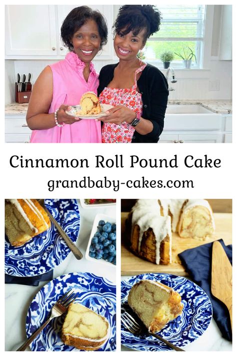 My famous Cinnamon Roll Pound Cake, Featured on TODAY Show and Rachael Ray, is a moist sour cream pound cake with a buttery cinnamon swirl dancing through the inside that’s finished with a decadent cream cheese icing. Featured in my cookbook Grandbaby Cakes, it is to die for! Grandbaby Cakes Cream Cheese Pound Cake, Cinnamon Roll Pound Cake Recipes, Grandbaby Cakes Recipes, Grand Baby Cakes, Cinnamon Roll Pound Cake, Cinnamon Swirl Cake, Grandma Cake, Mouthwatering Desserts, Delish Cakes