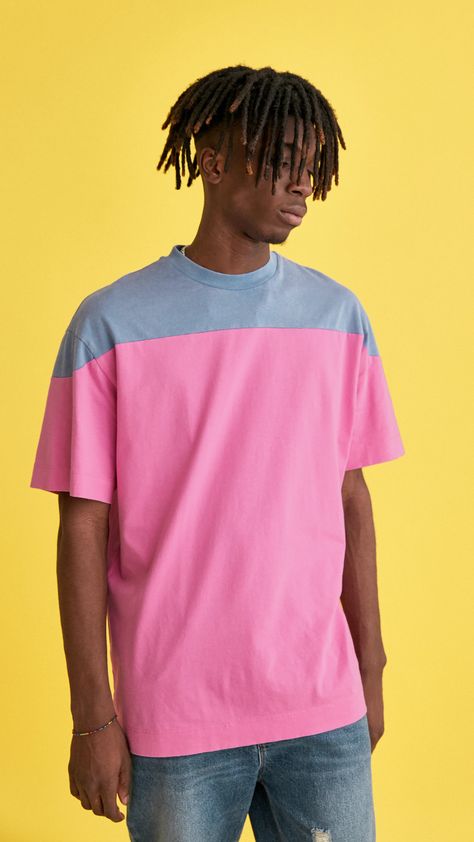 colour block t-shirt in pink : Tops : Collusion Color Block Tshirt, Color Block Hair, Cool Shirt Designs, Tshirt Printing Design, Color Block Tee, Hair Brands, Mens Cuts, Retro Pop, Streetwear Men Outfits