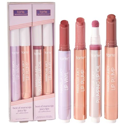 best of maracuja juicy lips set - tarte | Sephora Tarte Lip Set, Lanage Lip Set, Tarte Maracuja Juicy Lip Plump Swatches, Popular Makeup Products, Tarte Maracuja Juicy Lip, Tarte Lip, Maracuja Oil, Vinyl Lips, Makeup Sets