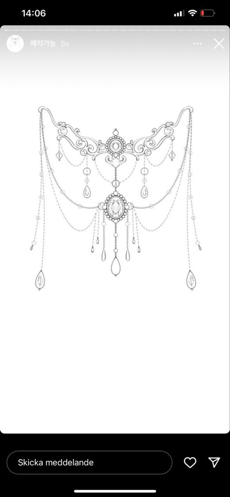 Chandelier Tattoos For Women Leg, Plus Size Lower Back Tattoo, Chandelier Chest Tattoo Female, Chain Tattoo Design For Women, Jewel Neck Tattoo, Lace Jewel Tattoo, Body Chain Tattoo, Gem Bracelet Tattoo, Belly Chain Tattoo