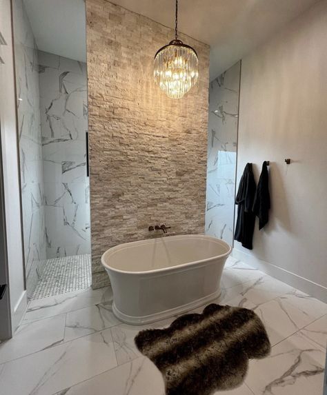 Free Standing Tub Wall Decor, Custom Shower With Bench, Bathtub In Front Of Shower Wall, Bathtub Wall Ideas, Hidden Shower Walk In, Walkthrough Shower Ideas, Walk Through Shower Behind Tub, Big Bathroom Ideas Master Suite, Walk Through Showers