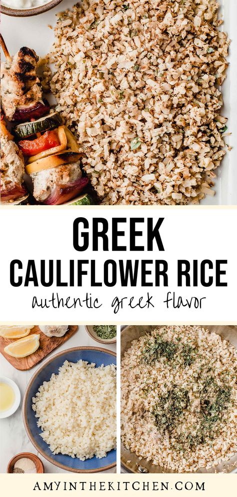 Califlour Rice, Greek Cauliflower Rice, Cauliflower Rice Recipes Healthy, Greek Rice Pilaf, Greek Cauliflower, Light Healthy Dinner, Greek Chicken Kabobs, Greek Rice, Greek Lemon Rice