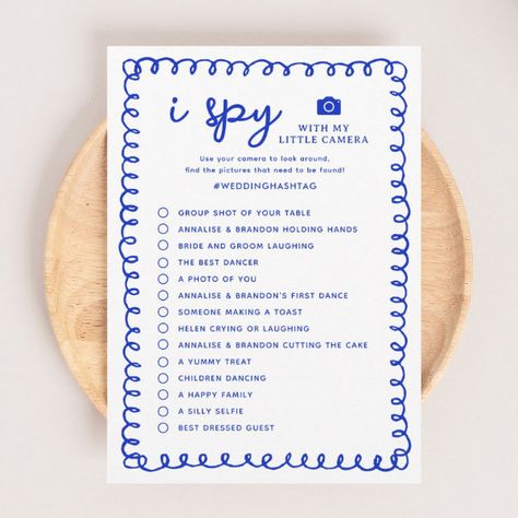 Printable Blue I Spy Wedding Photo Hunt Game Program Picture Scavenger Hunts, Spy Wedding, Disposable Camera Wedding, Hunting Wedding, Reception Activities, Photo Scavenger Hunt, Wedding Hashtag, Wedding Games, Kids Stationery