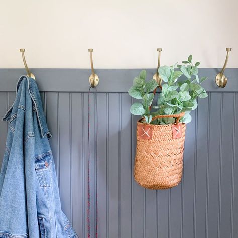 Easy entryway makeover ideas you can do for cheap. Decorate your foyer with these creative and simple DIY ideas so check out the before and after. #hometalk Bead Board Coat Wall, Bead Board Entry Wall, Bead Board With Hooks, Updating Beadboard Wainscoting, Beadboard Coat Rack Wall Diy, Beadboard Entryway, Sponge Painting Walls, Wooden Blanket Ladder, Front Door Entryway