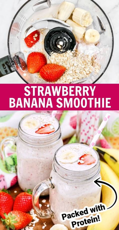 Banana Oatmeal Smoothie Recipe, Strawberry Banana Oatmeal, Banana Smoothie Recipe Healthy, Oatmeal Smoothies Healthy, Strawberry Oatmeal Smoothie, Protein Fruit Smoothie, Banana Smoothie Recipes, Oats Smoothie Recipes, Banana Oat Smoothie