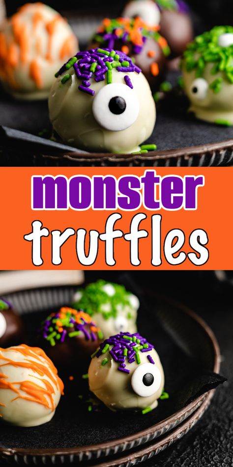 Two photos of monster truffles in a collage. Monster Cake Balls, Cake Balls Halloween, Oreo Halloween Treats, Cream Cheese And Peanut Butter, Halloween Cake Balls, Cake Mix Cream Cheese, Halloween Truffles, Desserts Halloween, Candy Corn Recipe