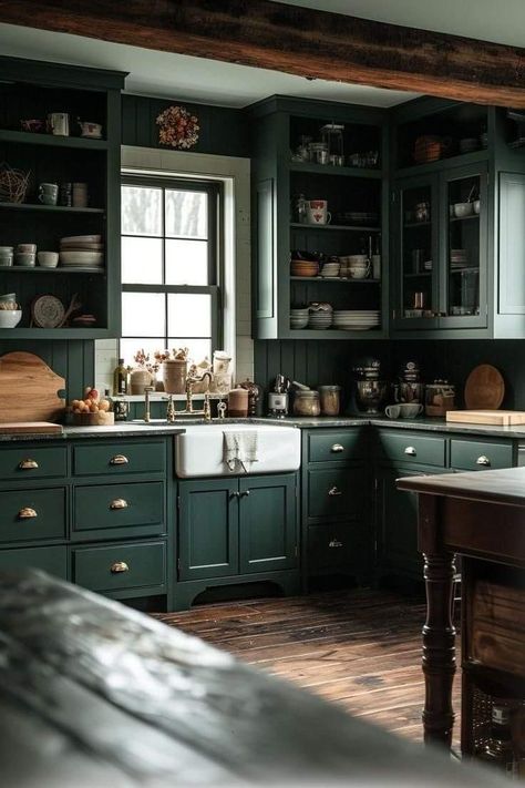 Modern Rustic Green Kitchen, Green Kitchen Cabinets Butcher Block, Dark Cottagecore Kitchen, Woodsy Kitchen, Blue Green Kitchen, Cottage Core Kitchen, Green Kitchens, Country Kitchen Ideas, Dark Green Kitchen