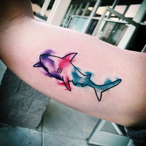 Watercolour Shark Tattoo, Best Friend Shark Tattoos, Shark And Turtle Tattoo, Shark Tattoo Ideas, Black Skull Tattoo, Octopus Tattoo Design, Watercolour Background, Shark Tattoo, Symbol Tattoo