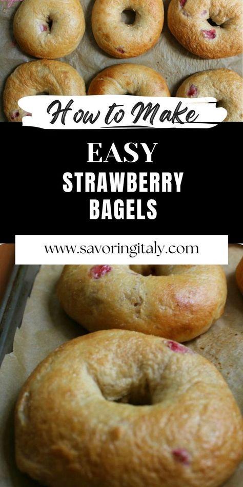 Strawberry Bagels Recipe, Strawberry Bagels, Yeast Bagels, Strawberry Cream Cheese Muffins, Bagel Recipe Easy, Strawberry Bread, Strawberry Almond, Cream Cheese Muffins, Homemade Bagels