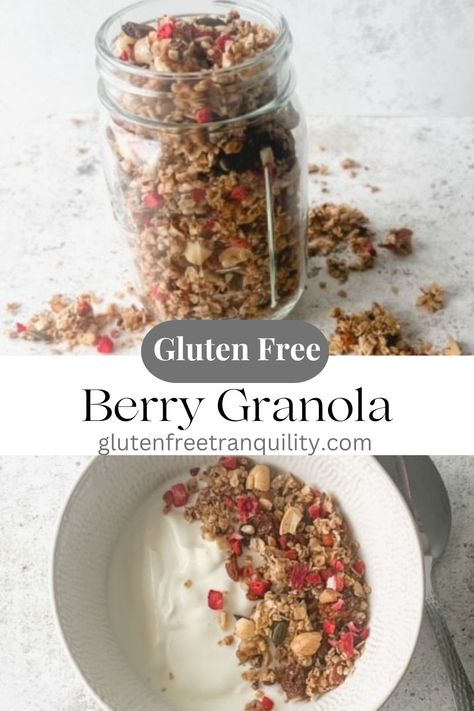 Berry granola in a mason jar. Granola Easy, Berry Granola, Gluten Free Granola, Homemade Gluten Free, Gluten Free Oats, Baking With Kids, Make Ahead Breakfast, Homemade Granola, Breakfast Options