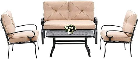 Amazon.com: Oakmont Outdoor Furniture Patio Conversation Set Loveseat, 2 Chairs, Coffee Table with Cushion, Lawn Front Porch Garden, Metal Chair Set Wrought Iron Look (Brown) : Everything Else Front Porch Garden, Coffee Table Metal Frame, Metal Frame Chair, Outdoor Furniture Patio, Stylish Outdoor Furniture, Metal Outdoor Furniture, Wrought Iron Patio Chairs, Patio Loveseat, Metal Chair