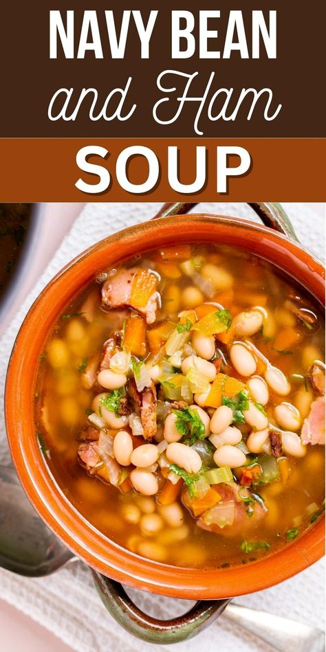 Whip up a comforting bowl of navy bean soup with ham using your choice of stovetop, crockpot, or Instant Pot. This straightforward recipe makes use of canned beans and leftover ham, making it a breeze to prepare. Ideal for a cozy meal, this small-batch soup is just right for a satisfying lunch or dinner for one or two. Navy Bean Soup With Canned Beans, Easy Navy Bean Soup, Single Dinner Ideas, Navy Bean Soup With Ham, Ham And Navy Bean Soup, Navy Bean And Ham Soup, White Chicken Chili Creamy, Navy Beans And Ham, Bean Soup With Ham