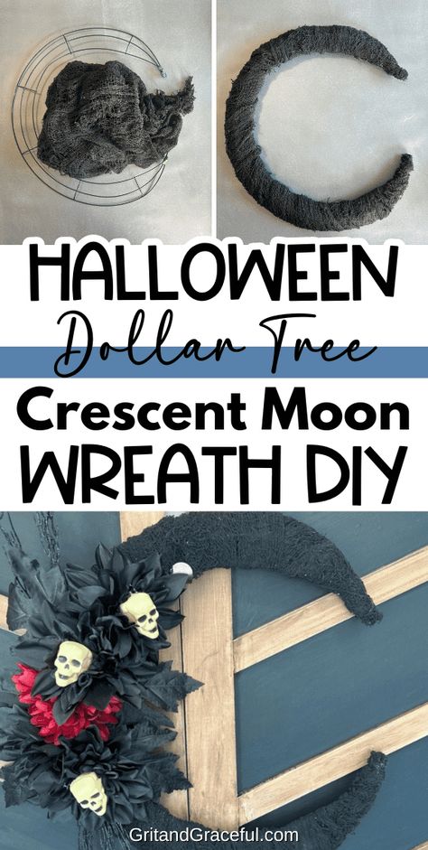 Easy Witchy Crescent Moon Wreath DIY For A Magical Halloween - Grit And Graceful Crescent Moon Wreath Diy, Moon Wreath Diy, Metal Wreath Ideas, Wire Wreaths, Crescent Moon Wreath, Moon Wreath, Topiary Diy, Magical Halloween, Easy Fall Wreaths