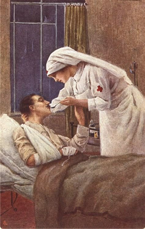 White female nurse holding a spoon to the mouth of a wounded White male soldier in bed. Ww1 Posters, Female Nurse, Male Soldier, Nurse Art, Digital Gallery, Florence Nightingale, Vintage Nurse, Birds In The Sky, American Red Cross