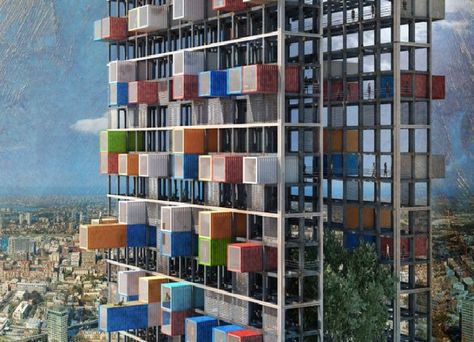 This shipping container skyscraper by Luca D'Amico and Luca Teslo consists of an exoskeletal framework into which modular shipping container homes are set. Every 100 feet there are large platforms that create a micro city inside the skyscraper complete with parks, walkways, and other outdoor spaces. Perspective Reference, City Grid, Vertical City, Urban Habitat, Container Buildings, Container Architecture, Underground Cities, Architecture Magazines, Frank Gehry