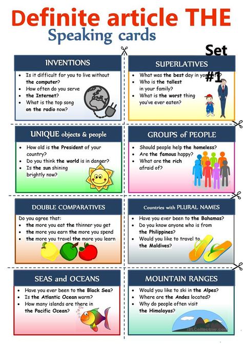 Definite article THE - Speaking cards - English ESL Worksheets for distance learning and physical classrooms Speaking Cards Intermediate, Speaking Patterns, Speaking Questions, Definite Article, Indefinite Articles, Article Grammar, Articles Activities, Speaking Activities English, Articles Worksheet