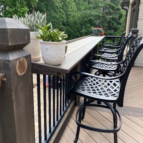 Converted existing deck railing and posts to a Timbertech outdoor bar top. Deck Drink Railing Ideas, Patio Railing Bar, Cocktail Railing Deck, Deck Bar Railing, Deck Drink Rail, Deck With Bar Counter, Deck Rail Bar Top, Deck Railing Bar Top, Deck Railing Bar