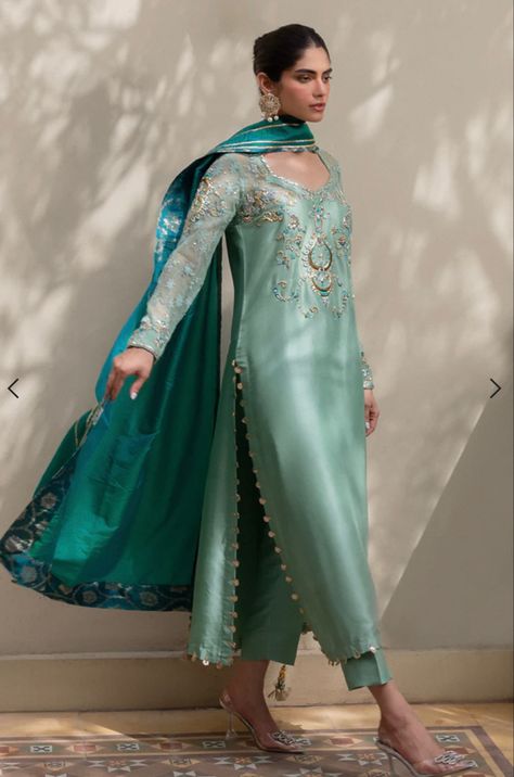 Shaded Suits Indian, Party Suits For Women Indian, Pastel Green Suits Women Indian, Luxury Festive Suits For Diwali, Contrast Suit Design, Kurta Suits For Women, Pakistani Dresses Colour Combination, Elegant Embroidered Suits For Diwali, Silk Suit Designs Indian