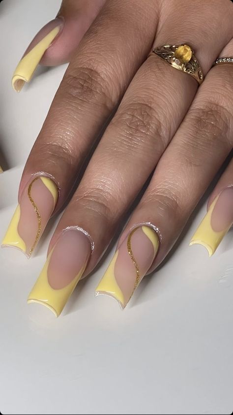 Acrylic Nails With Gold Foil, Yellow Nails Design French Tip, Yellow French Tip Nails Coffin, Nail Models Wanted, Square Yellow French Tip Nails, Yellow Gel Nail Designs, Yellow Frenchies Acrylic Nails, Lipstick Nails, Acrylic Toe Nails