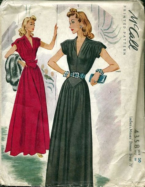 McCall 4358; ©1941; Ladies' & Misses' Dinner Dress | Vintage Patterns Wikia 1940s Patterns, 40s Mode, 50s Clothing, Evening Dress Patterns, 1940's Fashion, Sew Patterns, Patron Vintage, Fashion 1940s, Vintage Formal Dresses