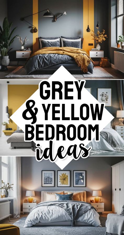 Grey and Yellow Bedroom Ideas and Decor Styles Mustard Yellow Decor Bedroom, Grey Mustard Bedroom, Grey And Mustard Bedroom, Grey And Yellow Bedroom Ideas, Yellow Walls Bedroom Ideas, Yellow Guest Bedroom, Yellow Bedding Bedroom, Mustard And Grey Bedroom, Gray And Yellow Bedroom Ideas