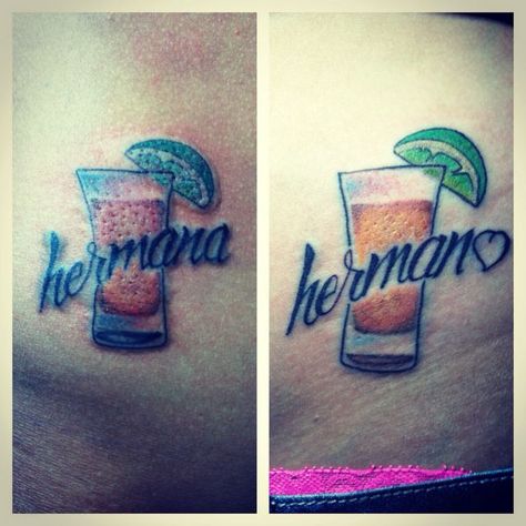 Tequila Tattoo, Sister Tats, Black Tattoo Ideas, Matching Tattoos For Siblings, Sister Tat, Brother Sister Tattoo, Sister Tattoo, Tequila Shots, Old Tattoos