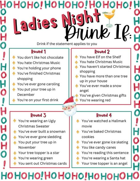 Christmas Activities For Girls Night, Christmas Sleepover Ideas For Adults, Girls Night Xmas Party Ideas, Christmas Girl Night Ideas, Christmas Girls Night Activities, Christmas Games For Girls Night, Christmas Girls Night Games, Ladies Night Christmas Party Ideas, Christmas Ladies Night Ideas