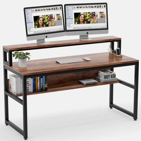 Home study cum computer table Size 5x2 Desk With Monitor Stand, Desk With Monitor, Desk With Shelves, Computer Desk With Shelves, Desk Diy, Stand Shelf, Computer Desks For Home, Open Bookshelves, Bookshelf Design