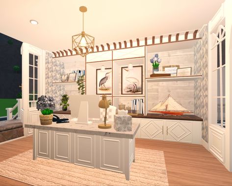 Bloxburg Unique Room Ideas, Bloxburg Coastal Entryway, Bloxburg Summer House Ideas 1 Floor, Coastal Home Exterior Bloxburg, Cute Bloxburg Office, Bloxburg Coastal Office Ideas, Coastal Farmhouse Bloxburg, Costal Colors Bloxburg, Bloxburg Paper Towel Decal