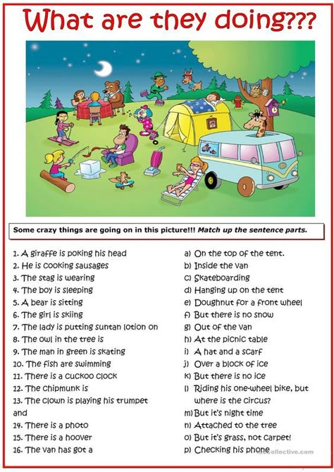 Here is a crazy picture, with lots of things going on which are just not right! The task is for the students to match up the sentence parts. Describing Pictures, Picture Comprehension, Present Continuous Tense, Present Continuous, Picture Composition, English Exercises, English Grammar Worksheets, Esl Activities, English Worksheets For Kids