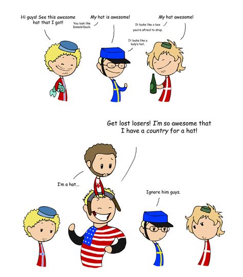 America's Hat Scandinavia And The World, Satw Comic, America Hat, 4 Panel Life, Country Jokes, Hetalia Characters, Country Memes, Country Humor, It's Funny