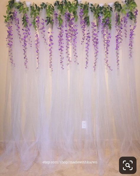 Wedding Backdrop Photo, Hanging Wisteria, Tulle Backdrop, Wisteria Flowers, Anting Manik, Diy Photo Backdrop, Diy Wedding Backdrop, Romantic Backdrop, Curtain Backdrops