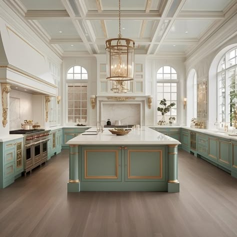 Renovated Chateau, French Chateau Interiors Kitchen, Big Kitchen Aesthetic Modern, Modern French Chateau Interiors, Manor Kitchen Aesthetic, Old Money Aesthetic House Kitchen, French Mansion Interior Kitchen, Aesthetic Mansion Kitchen, French Chateau Kitchen